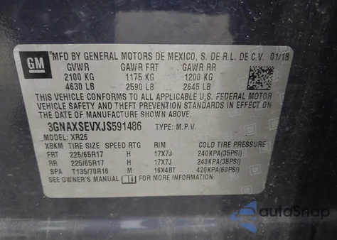 2018 Chevrolet Equinox Lt z USA, uszkodzony, nr VIN 3GNAXSEVXJS591486